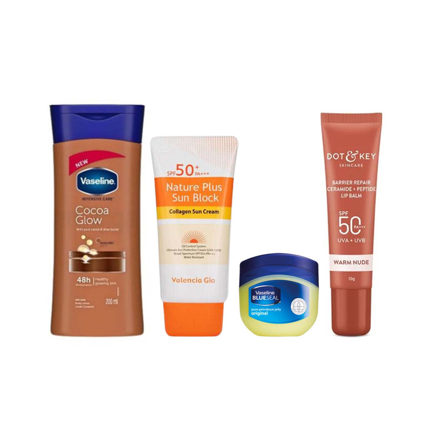 Vaseline Body Lotion 200ml & Petroleum Jelly Original 50ml & Valencia Gio Sun Block 70ml & Dot & Key  Lip Balm 10g - Warm Nude Combo
