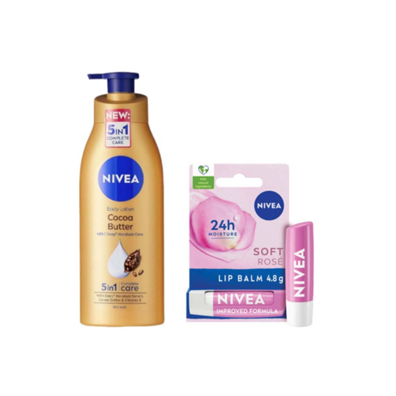 Nivea Cocoa Nourish Body Lotion 625ml & Soft Rose Lip Balm 4.8g Combo