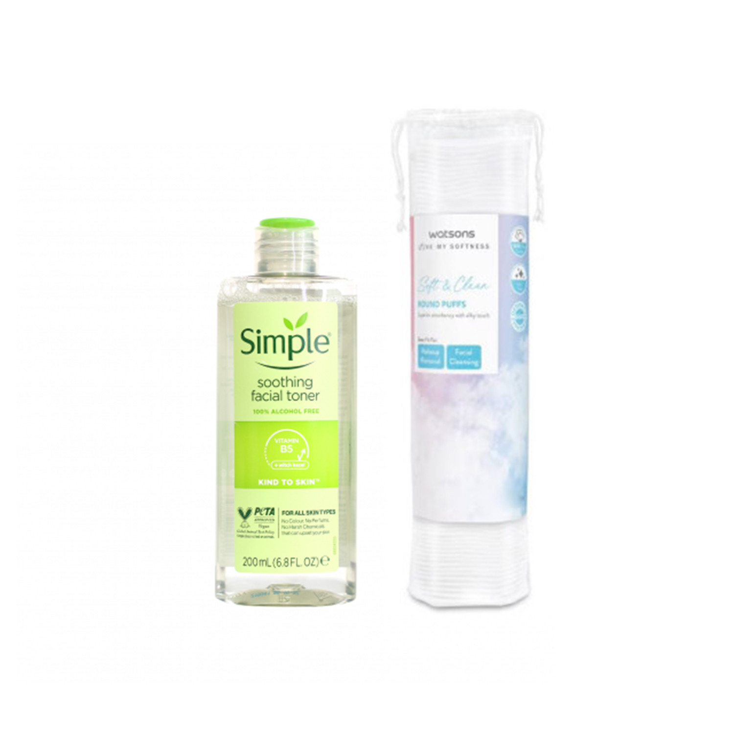 Simple Soothing Facial Toner 200ml & Watsons Soft & Care Round Puffs Combo