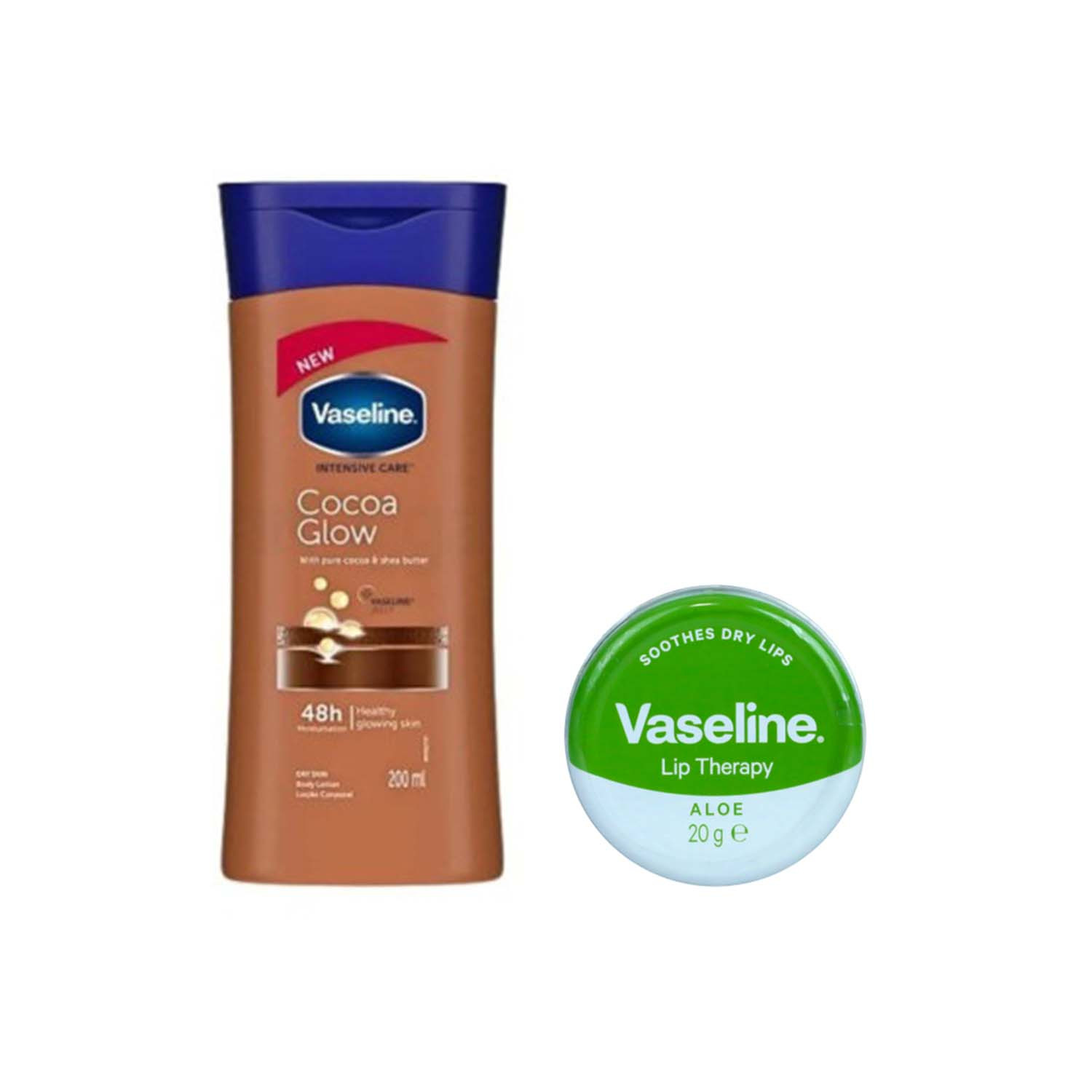 Vaseline Intensive Care Cocoa Glow Body Lotion 200ml & Lip Therapy - Aloe Combo