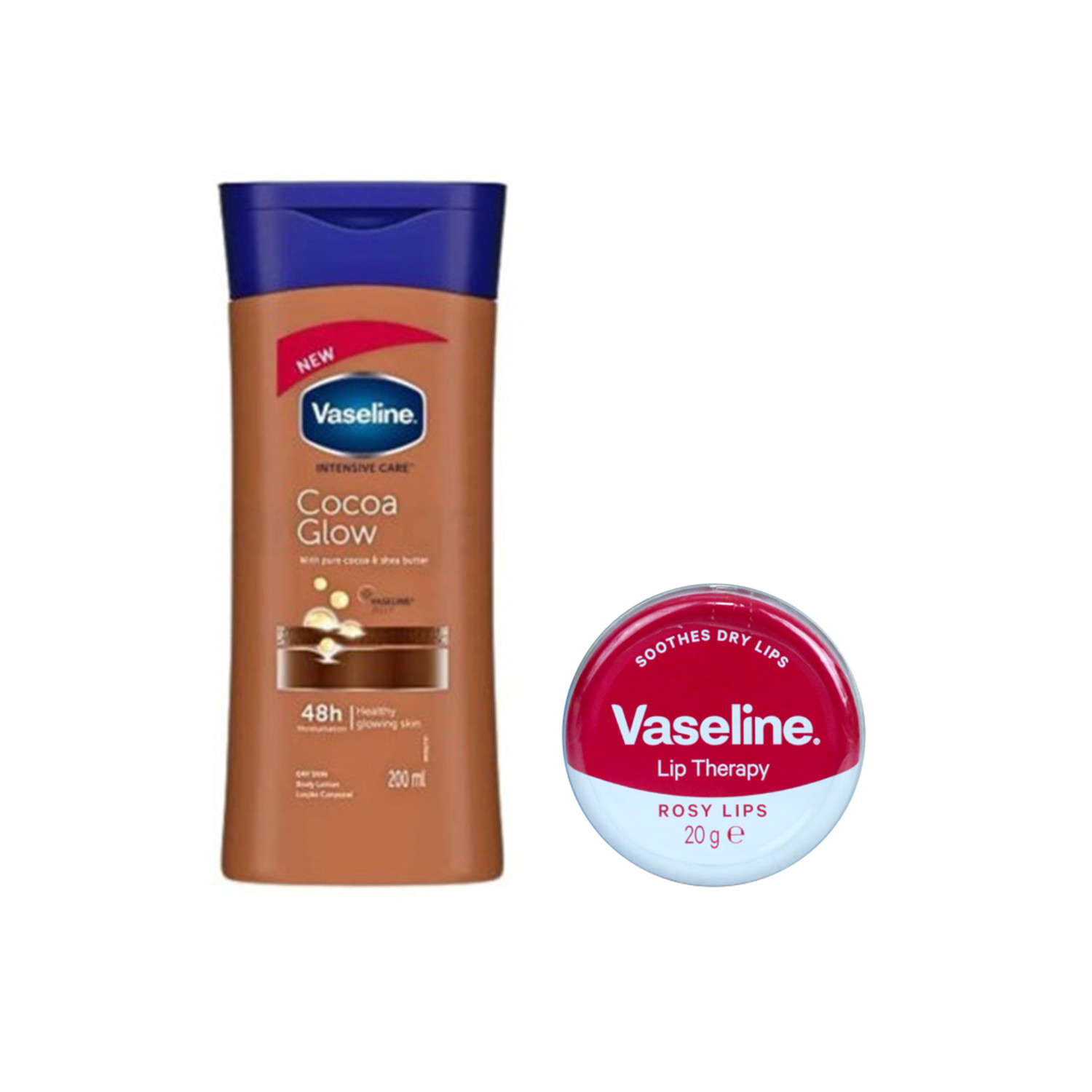 Vaseline Cocoa Glow Body Lotion 200ml & Lip Therapy - Rosy Lips Combo