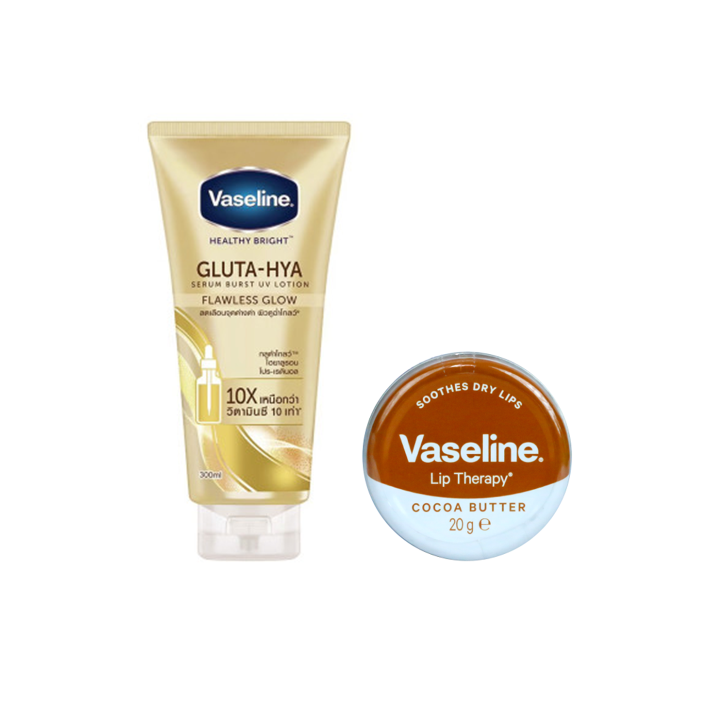 Vaseline Glow Serum Burst UV Lotion 300ml & Lip Therapy - Cocoa Butter Combo