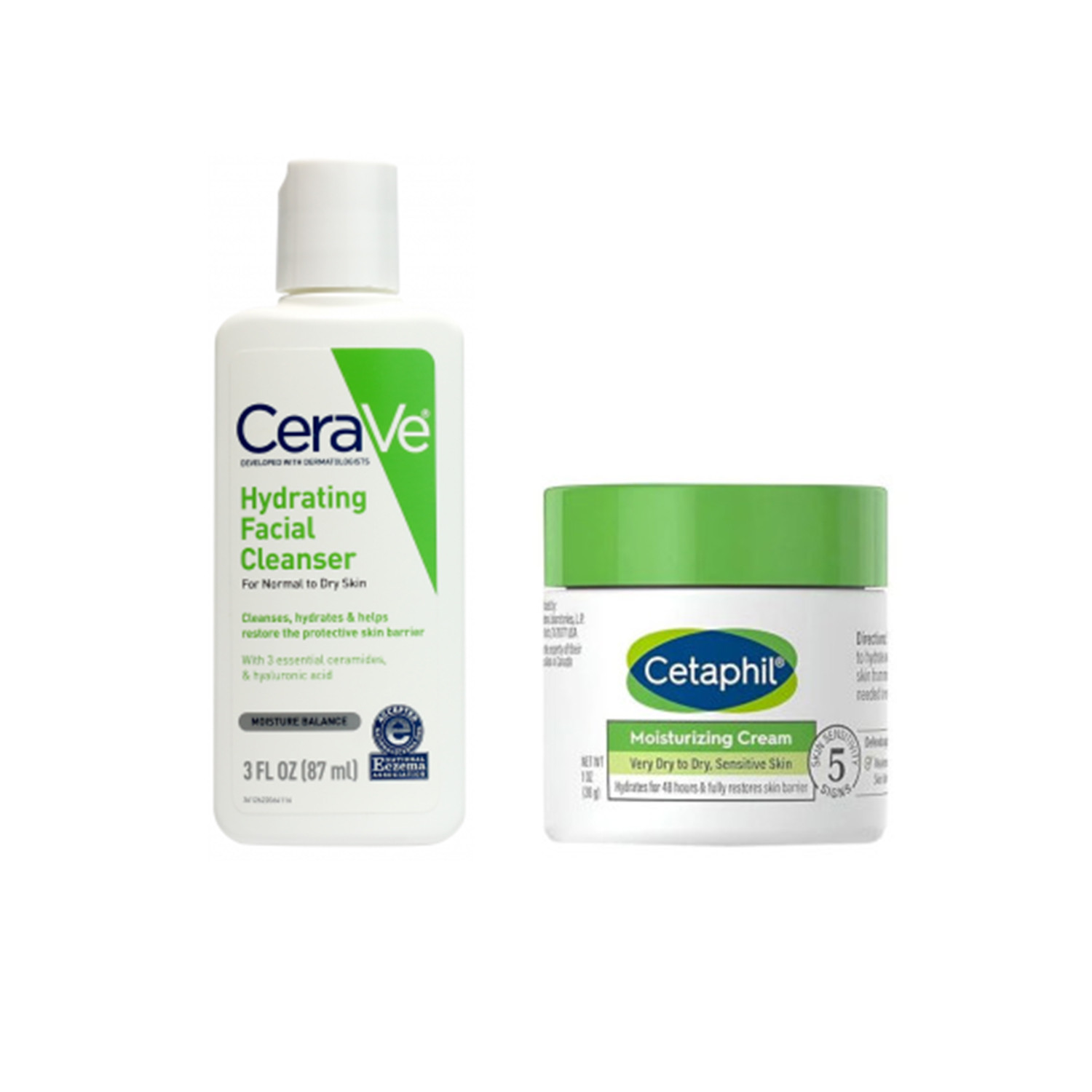 CeraVe Hydrating Facial Cleanser 87ml & Cetaphil Moisturizing Cream 28g Combo