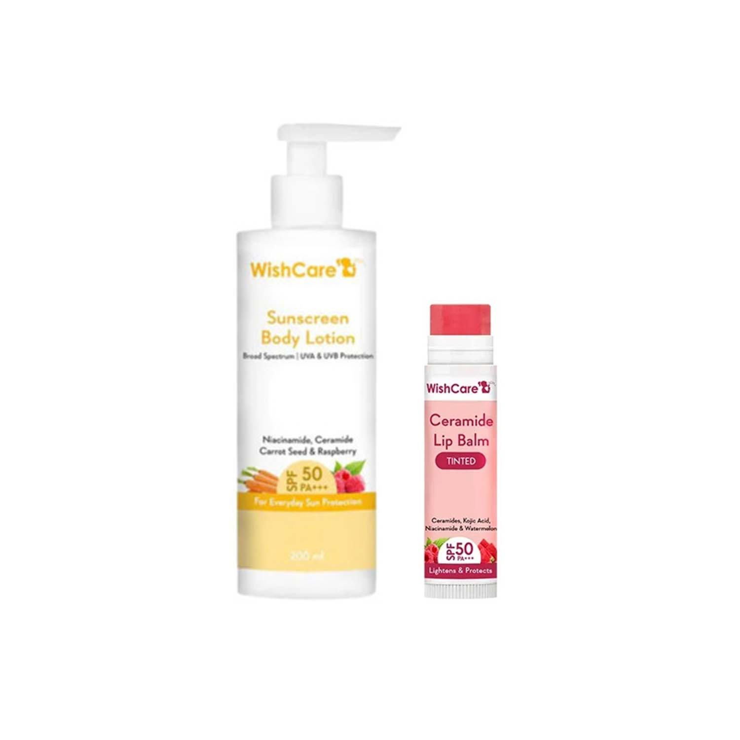 WishCare Sunscreen Body Lotion SPF50++ 200ml & Ceramide Tinted Lip Balm SPF50 5g Combo