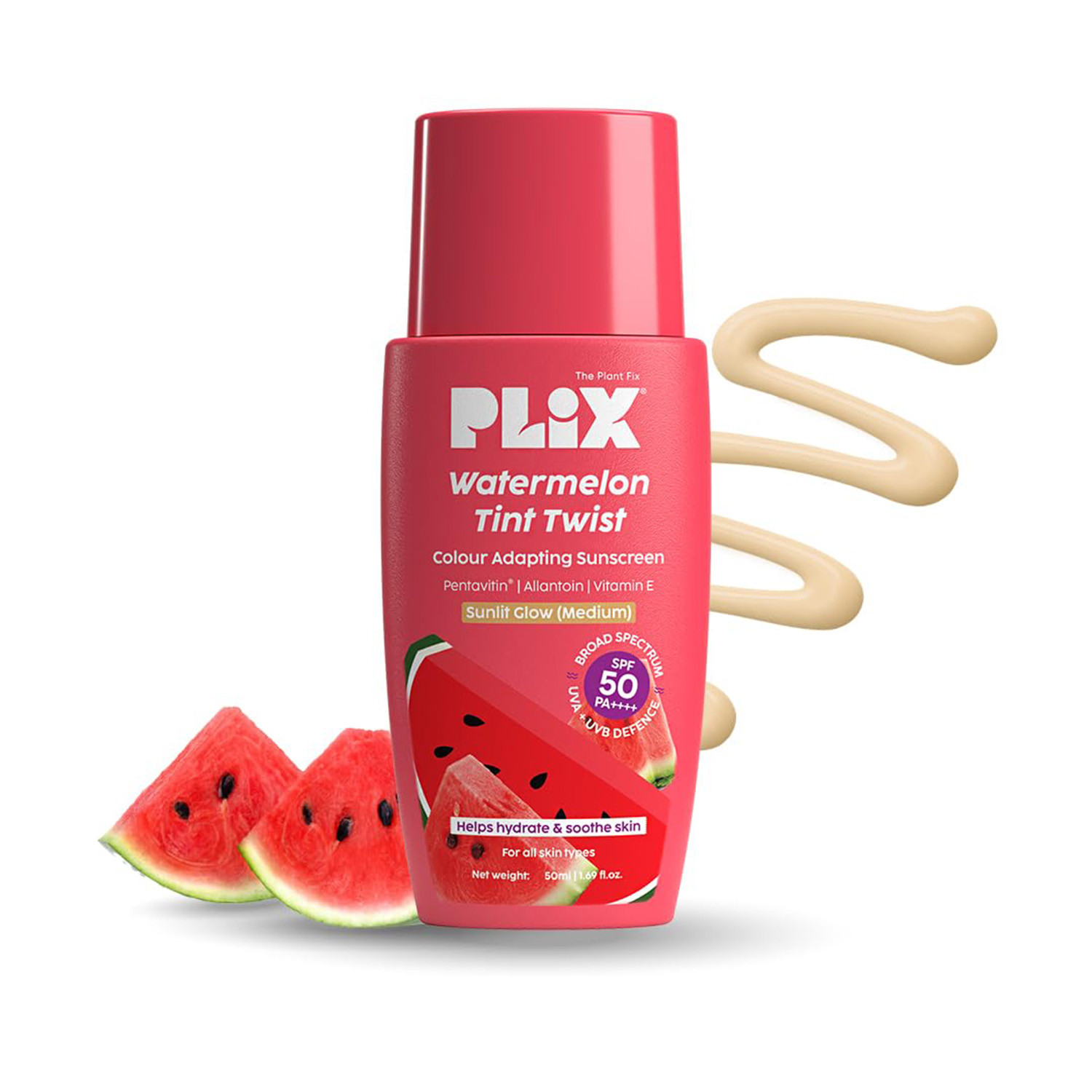 Plix Watermelon Tint Twist Colour Adapting Sunscreen SPF50+ 50ml - Sunlit Glow