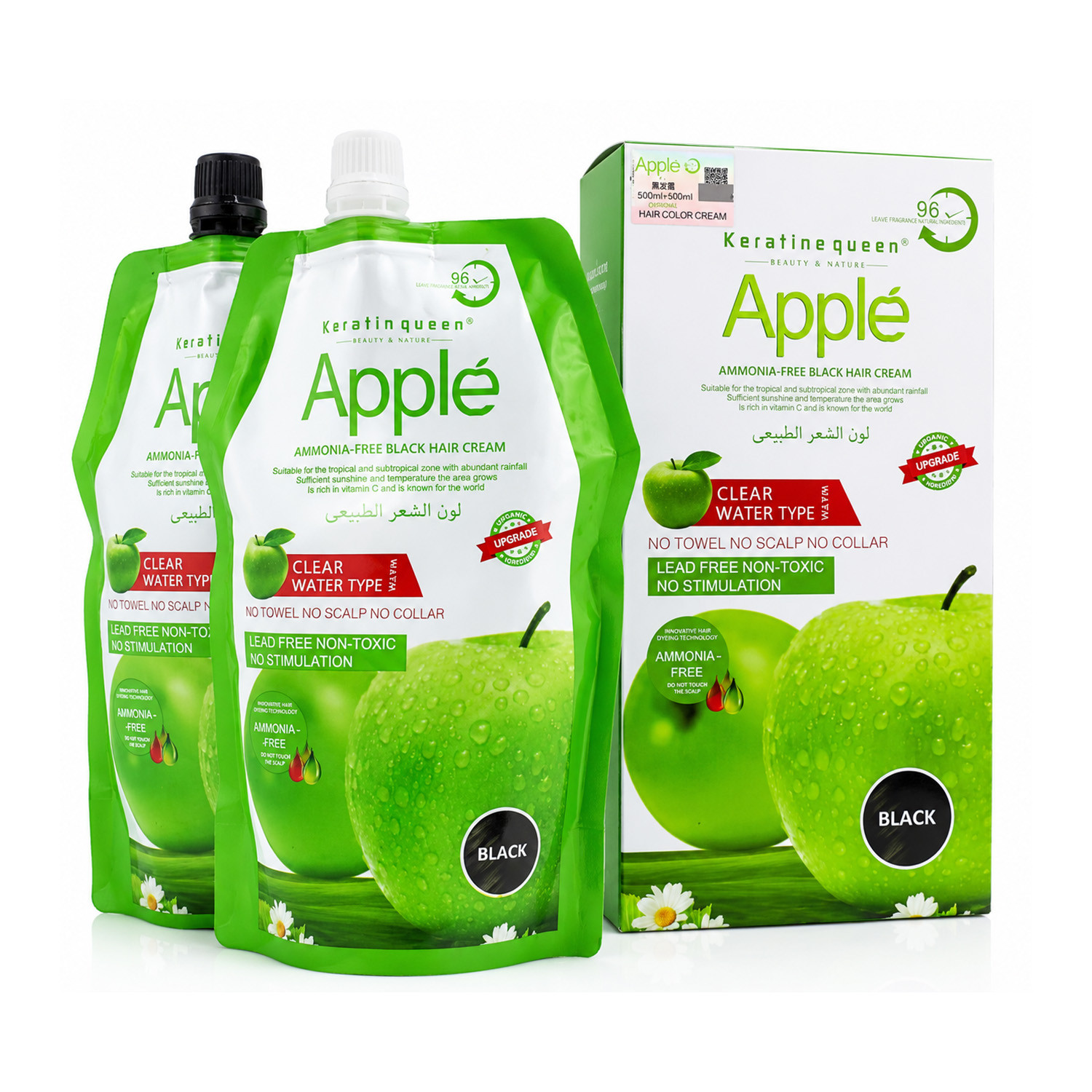 Keratine Queen Apple Ammonia Free Black Hair Color Cream 500ml+500ml