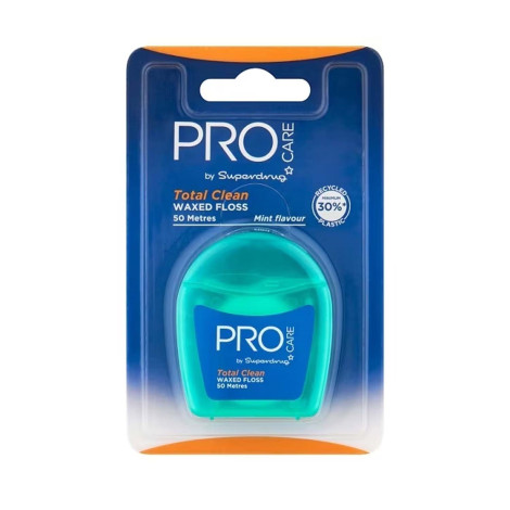 Superdrug Pro Care Mint Flavour Total Clean Waxed Floss - 50 Metres