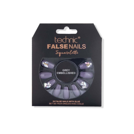 Technic Squareletto 24 False Nails With Glue - Grey Embellished