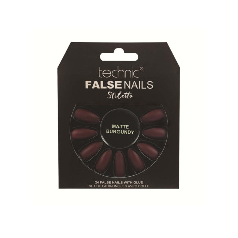 Technic Stiletto 24 False Nails With Glue - Matte Burgundy