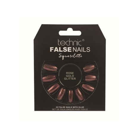 Technic Squareletto 24 False Nails With Glue - Rose Gold Glitter