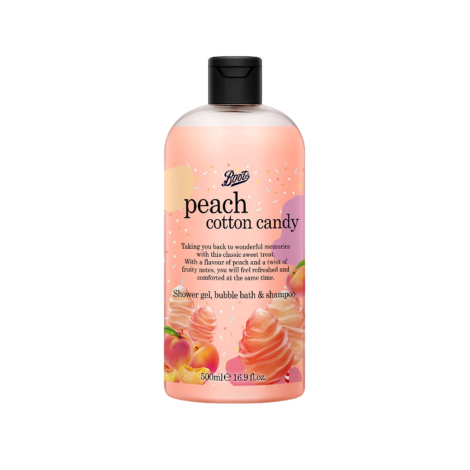 Boots Peach Cotton Candy Shower Gel, Bubble Bath & Shampoo 500ml
