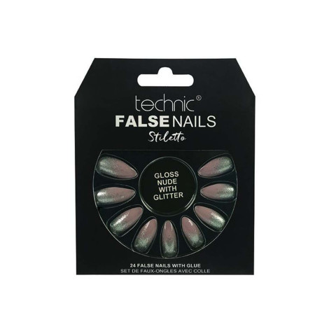 Technic Stiletto 24 False Nails With Glue - Gloss Nude With Glitter