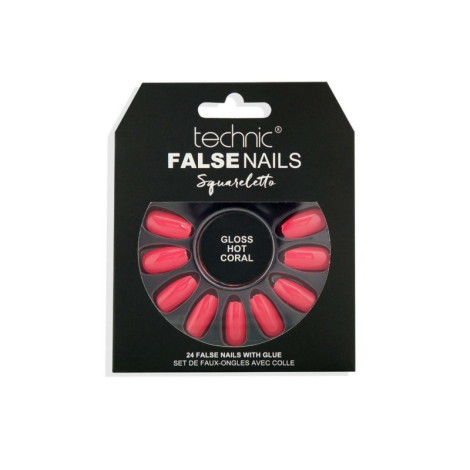 Technic Squareletto 24 False Nails With Glue - Gloss Hot Coral