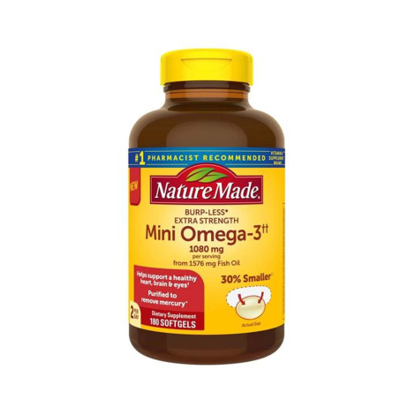 Nature Made Burp-Less Extra Strength 1080mg Mini Omega 3 Fish Oil 180 Softgels